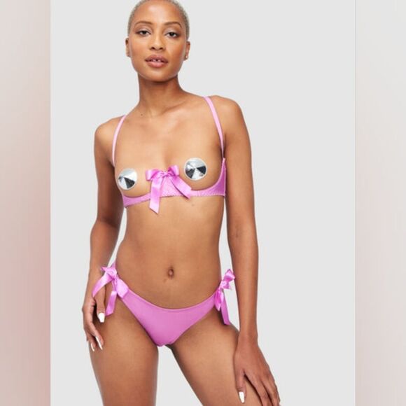 Diaz Satin And Bow Open Cup Bra Set - Picture 1 of 6